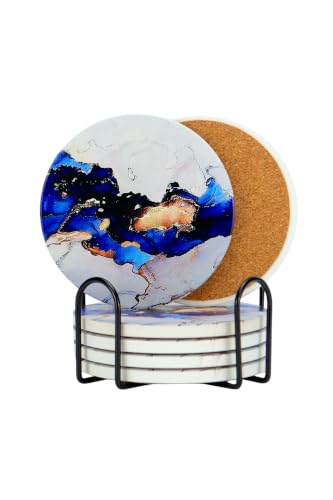 Ceramic Drink Coasters Set of 6 with Holder, Absorbent Coasters with Cork Backing for Coffee Table, Surface Protection, Home Decor and Housewarming Gift (Ocean Dream) - color: Ocean Dream