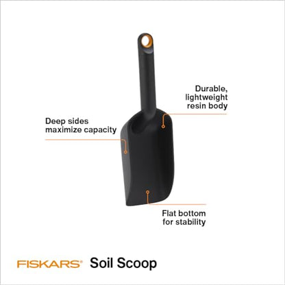 Fiskars Soil Scoop for Potting & Transplanting, 1.5 Cup Capacity, Black | Indoor Potting for Medium Planters, Durable Lightweight Resin Garden Scooper with Flat Bottom & Deep Sides to Prevent Spills - style: Soil Scoop