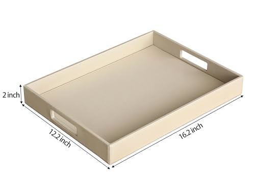 HofferRuffer Rectangle Serving Tray with Hole Handles for Coffee Table, Breakfast, Tea, Food, Butler - Countertop, Kitchen, Vanity Serve Tray, 16.2 x 12.2 x 2 inches, Faux Leather (Dark CreamWhite) - color: Dark Creamwhite