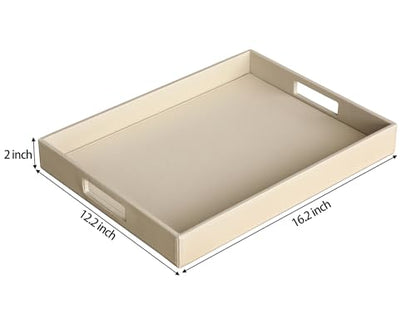 HofferRuffer Rectangle Serving Tray with Hole Handles for Coffee Table, Breakfast, Tea, Food, Butler - Countertop, Kitchen, Vanity Serve Tray, 16.2 x 12.2 x 2 inches, Faux Leather (Dark CreamWhite) - color: Dark Creamwhite