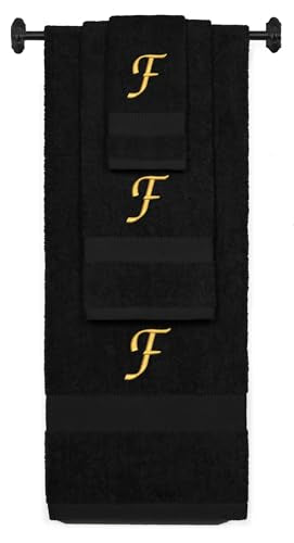 Monogrammed Bath, Hand, Washcloth Cotton Towel Set, Personalized Gift 3Pc-F - color: Black & Gold, size: Initial F