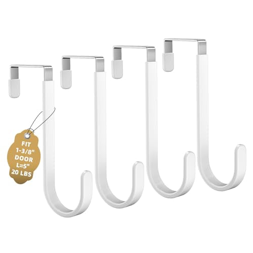 Over the Door Hooks, 4 Pack Heavy Duty Over Door Hanger with Non-Slip Rubber, Door Hooks for Hanging Towels, Coats, Bags, Space Saving Door Hanger Organizer for Living Room,Bathroom, Bedroom - color: White, 5.5 " Short