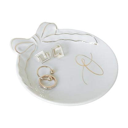COLLECTIVE HOME Ceramic Jewelry Tray, Monogram Trinket Dish with Bow (A) | Mothers Day Graduation Christmas Birthday Gifts for Women, Bridesmaid Proposal Gifts, Features Real Gold Trim & Gift Box - color: O
