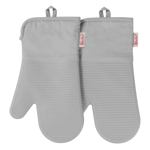 YUTAT Silicone Oven Mitts,High Heat Resistant Up to 500 Degrees,Waterproof Cooking Gloves with Soft Polyester Filling,Kitchen Potholder Set - Perfect for BBQ,Baking and Cooking,Grey,2 Pcs Set - color: Gray-striped Surface, size: 13“L x 7"W-2 Piece