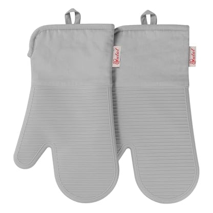 YUTAT Silicone Oven Mitts,High Heat Resistant Up to 500 Degrees,Waterproof Cooking Gloves with Soft Polyester Filling,Kitchen Potholder Set - Perfect for BBQ,Baking and Cooking,Grey,2 Pcs Set - color: Gray-striped Surface, size: 13“L x 7"W-2 Piece