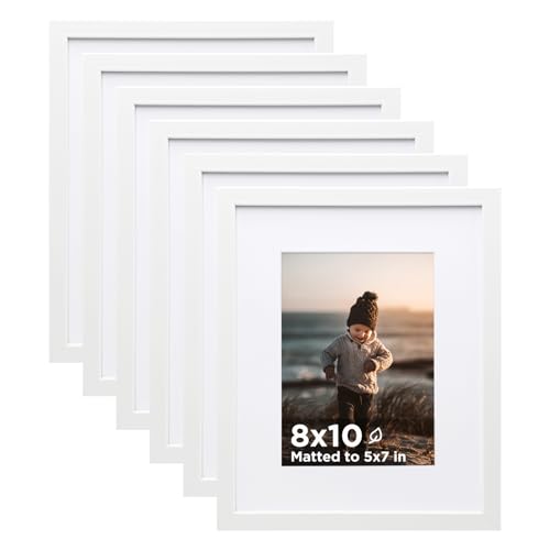 8x10 Picture Frame White Set of 6 Wooden Photo Frames Matted 5x7 | 8 x 10 Picture Frame with Plexiglass Fits 5x7 with Mat or 8x10 without Mat for Table and Wall Display - color: White, size: 8x10