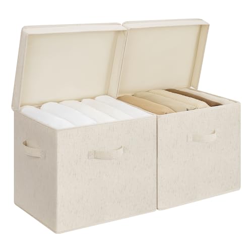 StorageWorks Storage Bins with Lid, Decorative Fabric Storage Bins with Handles, Stackable Closet Organizers for Shelves and Bedroom, Large, Beige(Natural Fabric), 2-Pack - color: Beige(Natural Fabric), size: 15"L x 11 ¼"W x 12 ½"H