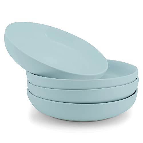 Elanze Designs Bistro Glossy Ceramic 8.5 inch Shallow Pasta Dinner Bowls Set of 4 - Perfect for Everyday uses from Italian Style Pasta to Caesar Salad, and Ramen to Pho, Ice Blue - color: Ice Blue, style: 8.5 inch Dinner