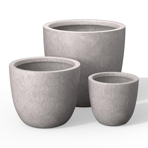 Kante Set of 3 CON Gray Concrete Bowl Planters 18" 14" 18" Dia | Drainage for Outdoor, Rubber Plug for Indoor Home, All-Weather Cement Pot, Handcraft, Lightweight & Durable, Anti-UV, Round - color: Light Gray, size: 18"d + 14"d + 10"d