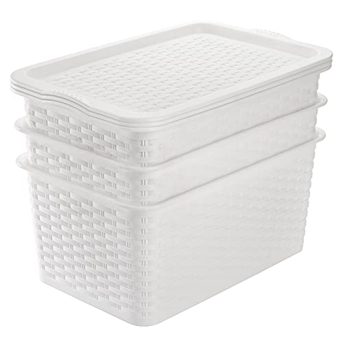 Dicunoy 4 Pack Lidded Storage Bins with Lids, White Stackable Storage Baskets for Shelf, Plastic Pantry Organizer with Handle for Home, RV, Lockers, Classrooms, School, Toys, 11" x 7" x 5"
