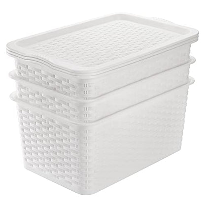 Dicunoy 4 Pack Lidded Storage Bins with Lids, White Stackable Storage Baskets for Shelf, Plastic Pantry Organizer with Handle for Home, RV, Lockers, Classrooms, School, Toys, 11" x 7" x 5"