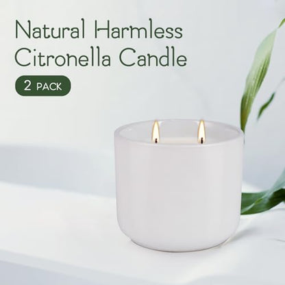 2-Pack Citronella Candles in White Ceramic Jars - 2 Cotton Wicks, Citronella Oil with Elegant White Pillar Design Perfect for Outside Patio, Camping & Garden, Summer Gifts for Indoor Home - color: White