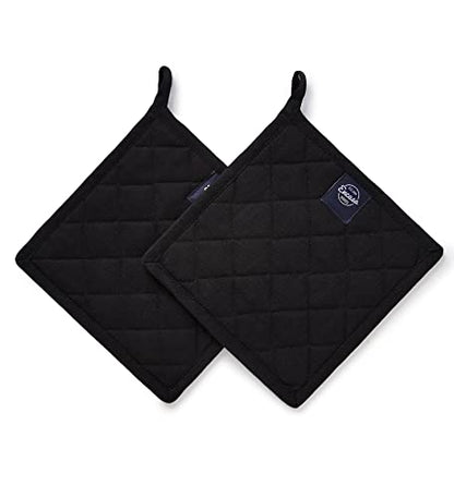 Encasa XO Pot Holders, Quilted Kitchen Hot Pads 8"x8" Full Black | 100% Heavyweight Cotton | Quilted Insulation | Multipurpose Trivets & Hot Pads | Hanging Loop | Set of 2 - color: Full Black