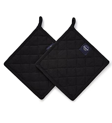 Encasa XO Pot Holders, Quilted Kitchen Hot Pads 8"x8" Full Black | 100% Heavyweight Cotton | Quilted Insulation | Multipurpose Trivets & Hot Pads | Hanging Loop | Set of 2 - color: Full Black