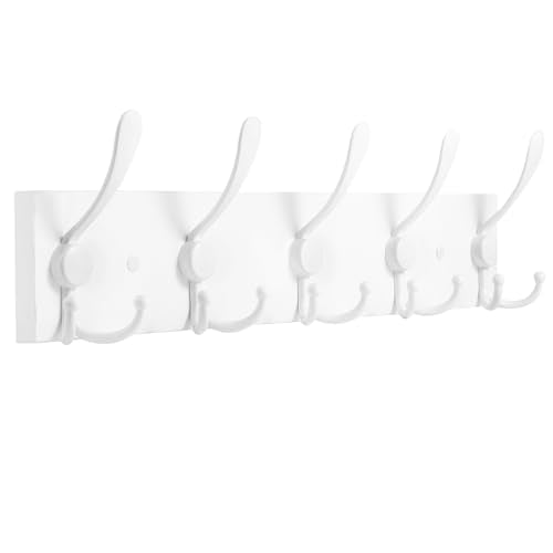 Kuhome Coat Rack Wall Mount Coat Hooks Wooden Hat Rack for Wall Hooks Pine Real Wood Plank 16.9" White Coat Hanger with 5 White Triple Hooks for Hanging Coat Hat Jacket - color: Pure White Plate & White Hook, size: 1 Item-5 Hooks