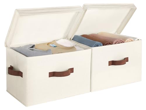 StorageWorks Fabric Storage Bins with Lids, Closet Storage Bins | Flip-Top Lid, 3 Handles, Collapsible, Stackable, for Clothes Blankets, Multi-Purpose, Large, Ivory White, 2-Pack - color: Ivory White, size: Large