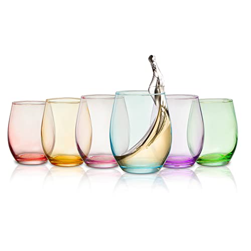 The Wine Savant Colored Wine Glass Set, Large 14 oz Glasses Set of 6, Unique Italian Style Tall Stemless for White& Red Wine, Water, Color Tumbler, Beautiful Glassware, Gift for Her, Mom (Stemless)