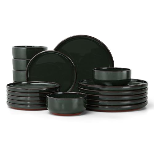 E-far Stoneware Dinnerware Sets for 6, 18 Pieces Reactive Glaze Plates and Bowls Sets, Elegant Dishes with Rustic Terracotta Clay Base, Dishwasher & Microwave Safe, Scratch Resistant, Blackish Green - color: Blackish Green, size: Service for 6