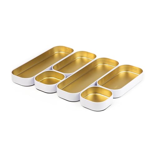 Three by Three Seattle Metal Drawer Organizer Tray Set, 6-Pc, 1" (Gold) | Colorful food-safe metal bins; soft non-scratch base; kitchen, bathroom, vanity, desk, makeup & office drawers - color: Gold, White, size: 6 Pack