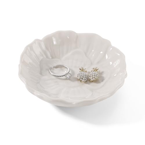 Flower Ring Dish Holder,Jewelry Dish Tray,Small Trinket Tray,Jewelry Plate Bowl,Key Bowl,Decorative Plate,Birtdhay Christmas Gifts for Women Friends,Ceramic White - color: White