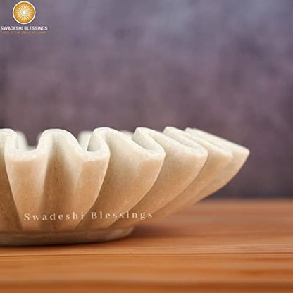 SWADESHI BLESSINGS Handcrafted Marble Ruffle Bowl for Home Decor, 8" | 100% Real White Marble, Catch-all Scalloped Fluted Decorative Bowl for Ring Dish, Fruit Bowl, Coffee&Dining Table, Gift-Ready - size: 8 Inches