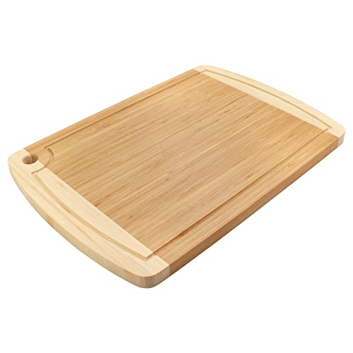 BambooMN Heavy Duty Premium Bamboo Two-Toned Cutting Board w/Hanging Hole - 17.25" x 11.75" x 0.75" - Grooved/Flat - 2 Pieces - size: 17.25" x 11.75" (Two-Tone w/hole)