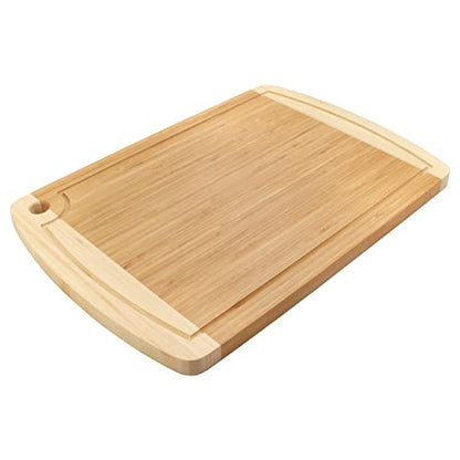BambooMN Heavy Duty Premium Bamboo Two-Toned Cutting Board w/Hanging Hole - 17.25" x 11.75" x 0.75" - Grooved/Flat - 2 Pieces - size: 17.25" x 11.75" (Two-Tone w/hole)