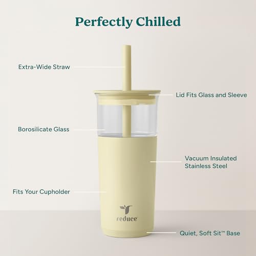 REDUCE Aspen - 20oz Vacuum Insulated Glass Tumbler - Extra Wide Straw & Lid | Keeps drinks cold for 12 hours, ideal for iced coffee, smoothies & boba, dishwasher safe, soft base - color: French Vanilla