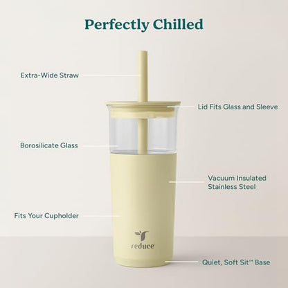 REDUCE Aspen - 20oz Vacuum Insulated Glass Tumbler - Extra Wide Straw & Lid | Keeps drinks cold for 12 hours, ideal for iced coffee, smoothies & boba, dishwasher safe, soft base - color: French Vanilla