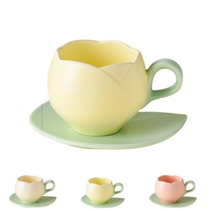 Ceramic Tulip Coffee Mug With Saucer Set, Comfortable Handle Tulip Flower Cup, Smooth Surface Heat-resistant Tea Cup For Office And Home (Yellow) - color: Yellow