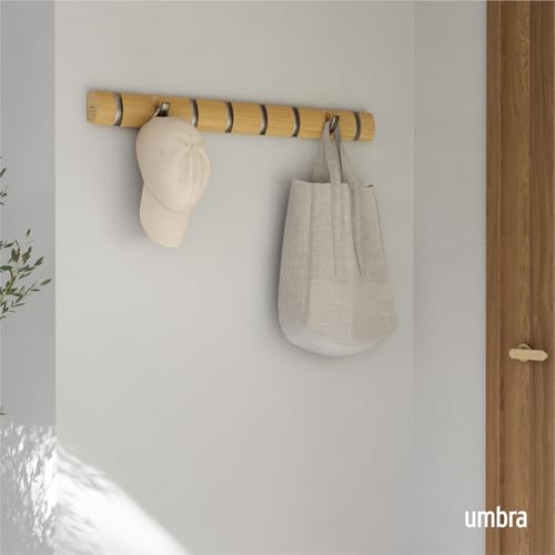 Umbra Flip Coat Rack, Wall Mount 8-Hook, Space Saving, Natural/Nickel | Real wood and steel build, retractable hooks fold flat, holds coats bags and scarves, easy install - color: Natural/Nickel, size: 8-Hook