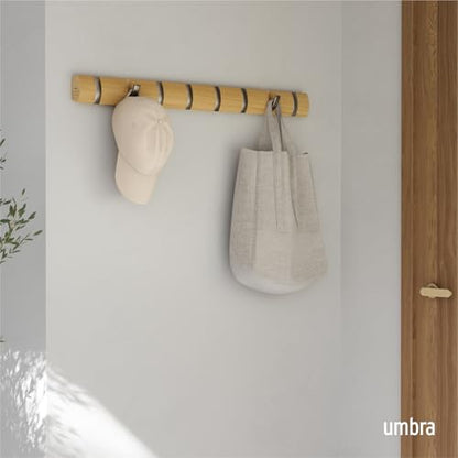 Umbra Flip Coat Rack, Wall Mount 8-Hook, Space Saving, Natural/Nickel | Real wood and steel build, retractable hooks fold flat, holds coats bags and scarves, easy install - color: Natural/Nickel, size: 8-Hook