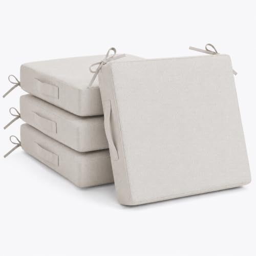 Outdoor Chair Cushions Set of 4, 19x19 Waterproof Patio Pads, Beige | Fade resistant fabric with ties, handle and 3-inch foam for dining seats, decks, porches, gardens and hard seating - color: Beige