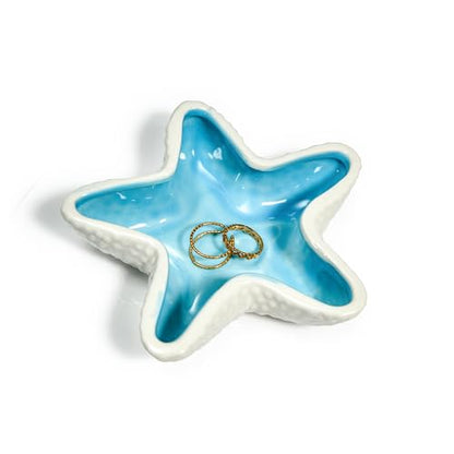 Starfish Ceramic Jewelry Trinket Tray, Blue White Decorative Ring Holder Dish for Rings, Earrings, Necklaces, Bracelets, Watches, Keys - style: Starfish