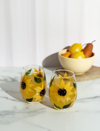 Hand-Painted Sunflower Stemless Wine Glass Set - Rustic Country Farmhouse Decor - Kitchen Gift, Set of 2