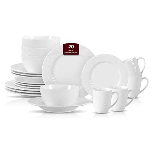 HomeVss, New Bone China Dinnerware Set, Embossed Rain Drops Design, 20pc Set - color: Rain Drops, size: Service for 4 - 20pc Set