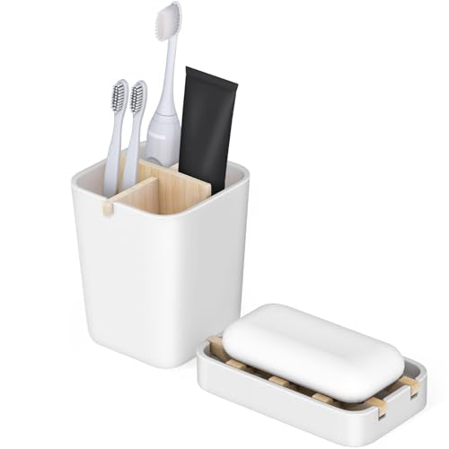 Toothbrush Holders and Soap Holder Set, Bathroom Accessories Countertop | 4 Slots Brush Holder, Plastic Soap Dish Tray, Bathroom Countertop Storage - color: White