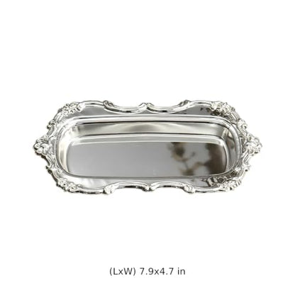 Silver Iron Serving Tray, 7.9 x 4.7 in Rectangular Decorative Plate, Embossed Classic Dessert Holder, Light Luxury Style for Snack Fruit Display and Jewelry Organizer