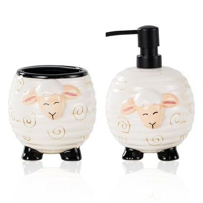 Sheep Bathroom Accessories 2 Piece Set Ceramic Soap Dispenser and Toothbrush Holder for Modern Bathroom Decor, Bathroom Accessory Set
