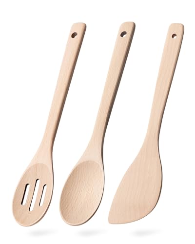 Wooden Spoons for Cooking, 3-Piece Beech Wood Cooking Utensil Set | Slotted spoon, solid spoon and spatula handle stirring, draining, flipping and serving while staying gentle on nonstick pans. - color: Beech Beige