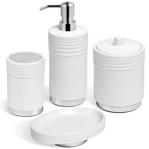RQYIXI Ceramic 4-Piece Bathroom Accessories Set, White, Chrome Base | polished chrome metal base ribbed design with cotton canister hotel style countertop organization - color: White, size: Metal Base-4-Piece
