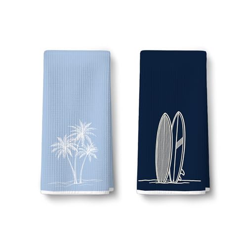 2 Pack Summer Surfboard Hand Towels for Bathroom - Summer Palm Tree Dish Towels for Kitchen, Coastal Navy Blue Waffle Bath Hand Towel, Ocean Beach House Bathroom Decor, Beach Gifts for Women061 - color: Ccolor003