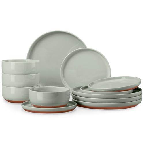 E-far 12-Piece Stoneware Dinnerware Sets, Plates and Bowls Sets for 4, Ceramic Dishware Dishes Set with Terracotta Base, Chip & Scratch Resistant, Microwave & Dishwasher Safe, Speckled Green - color: Sage Green, size: Service for 4