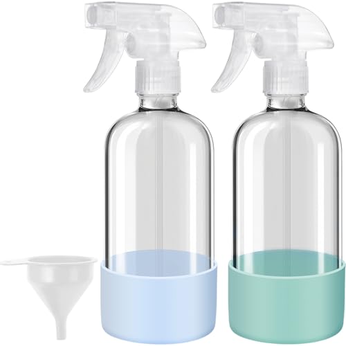 Glass Spray Bottles with Silicone Sleeves (2 Pack, 16 oz), Mist and Stream | Heavy-Duty Sprayer, Premium Glass, Leaks and Clogs Free, for Cleaning Solutions, Planting, Hair Spraying - Funnel Included