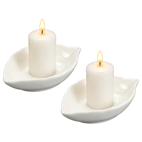 uxcell 2Pcs Ceramic Candle Holder Plates, 4.3 x 3'' Leaf Shaped Candlestick Holder Decorative Dish Small Candle Plate for Tea Light Aromatherapy Wedding Rustic Vintage Home, White - color: White