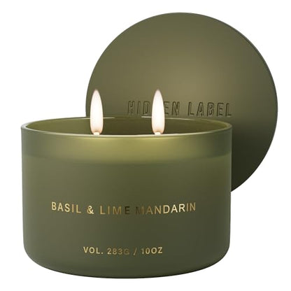 Hidden Label Basil Lime Mandarin Soy Candle, 10oz 2-Wick, 45H Kitchen Fresh | Herbal Citrus Aromatherapy | Non-Toxic Vegan Phthalate-Free | Even Melt No Tunneling | Sage Frosted Reusable Gift Jar - color: Basil Lime Mandarin
