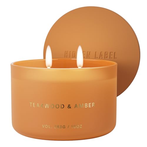 Hidden Label Teakwood Amber Soy Candle, 10 oz 2-Wick | Soy wax jar candle, up to 45 hours, warm woody amber scent for bedroom, office, living room and gifts - color: Teawood Amber
