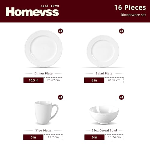 HomeVss, New Bone China Dinnerware Set, Embossed Pearl Design, 16pc Set - color: Pearl, size: Service for 4 - 16pc Set