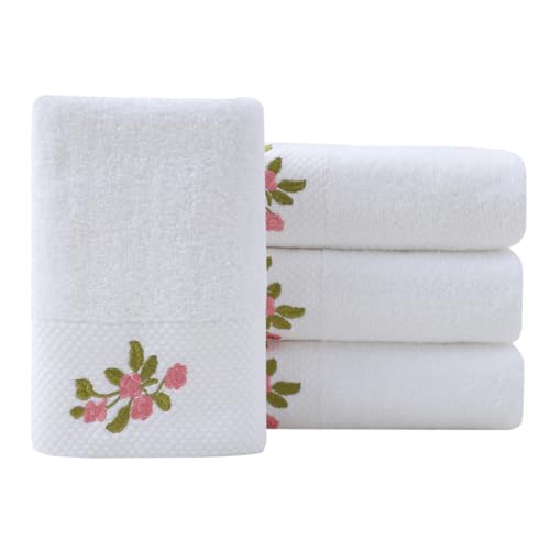 Hand Towels Set of 4 Embroidered Floral Pattern 100% Cotton Absorbent Soft Decorative Towel for Bathroom (White Pattern 3) - color: 4 White Pattern 3