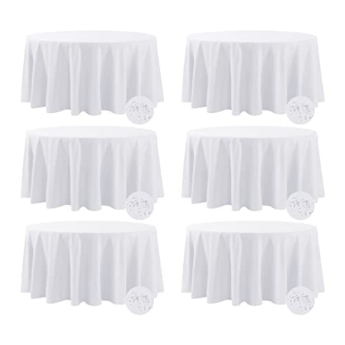 Fokitut 6 Pack Waterproof Round Tablecloth, 108 Inch, Stain Resistant and Wrinkle Polyester Table Cloth, Fabric Table Cover for Kitchen Dining, Wedding, Party, Holiday Dinner-White - color: White, size: Round-108''-6pack